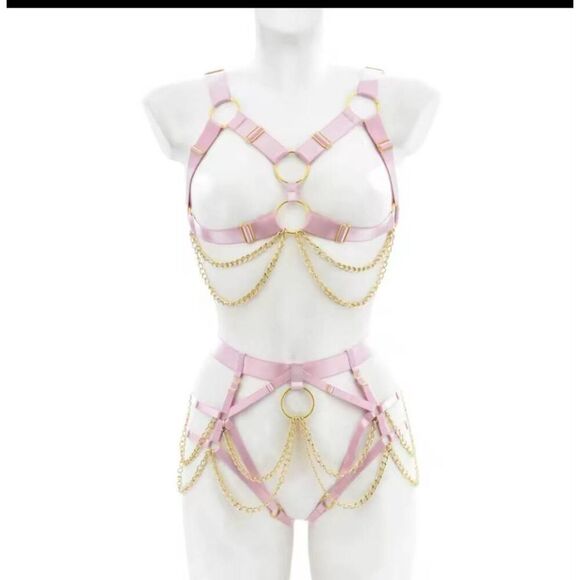 NWOT 2 Piece Pink Garter Harness Lingerie Set Chain - Picture 1 of 5